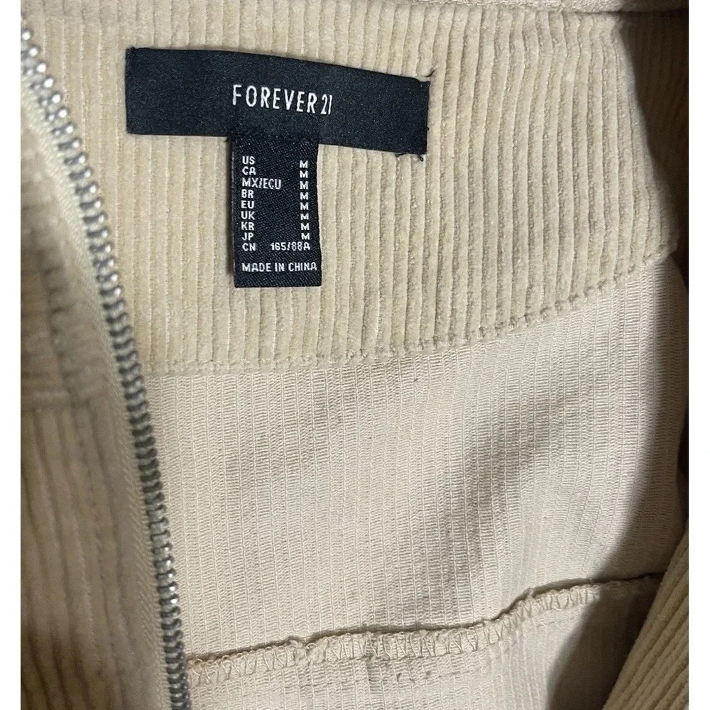 Women's Medium Jacket Forever 21, Tan Corduroy‎ Zip Up Hoodie Casual Cropped